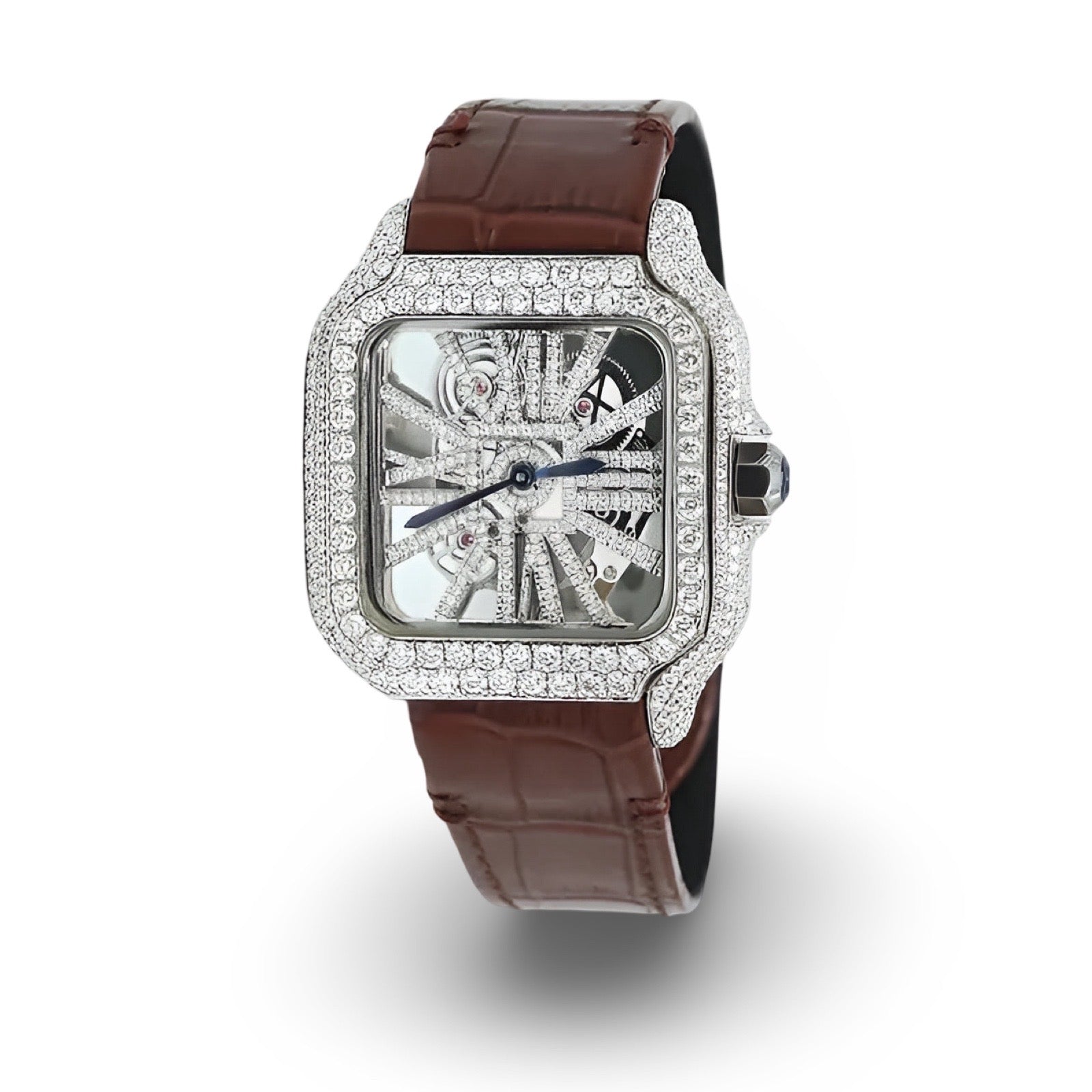 Cartier Skeleton Leather Strap Moissanite Watch