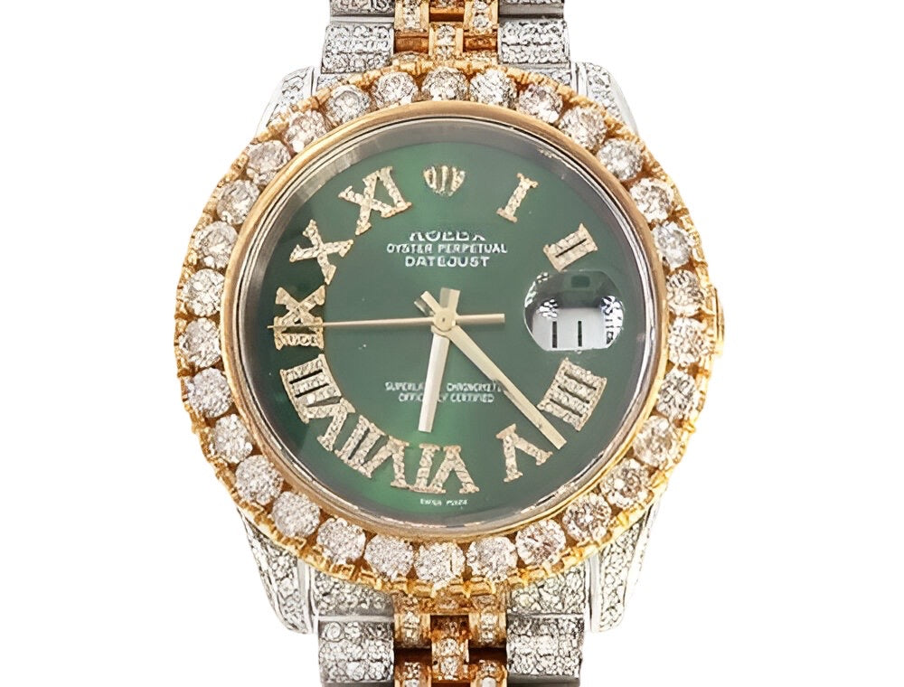 Rolex Green Dial Two Tone Yellow Gold Datejust Moissanite Watch