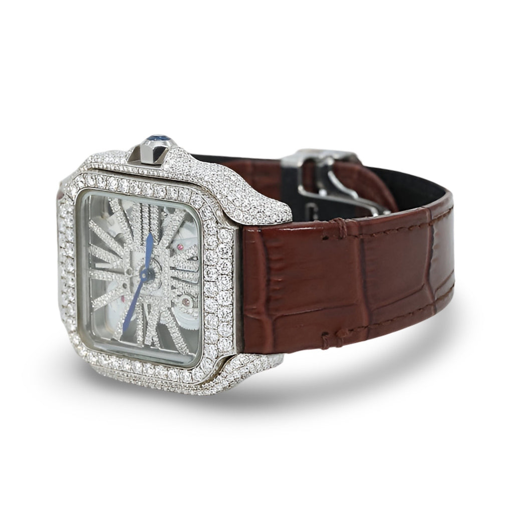 Cartier Skeleton Leather Strap Moissanite Watch