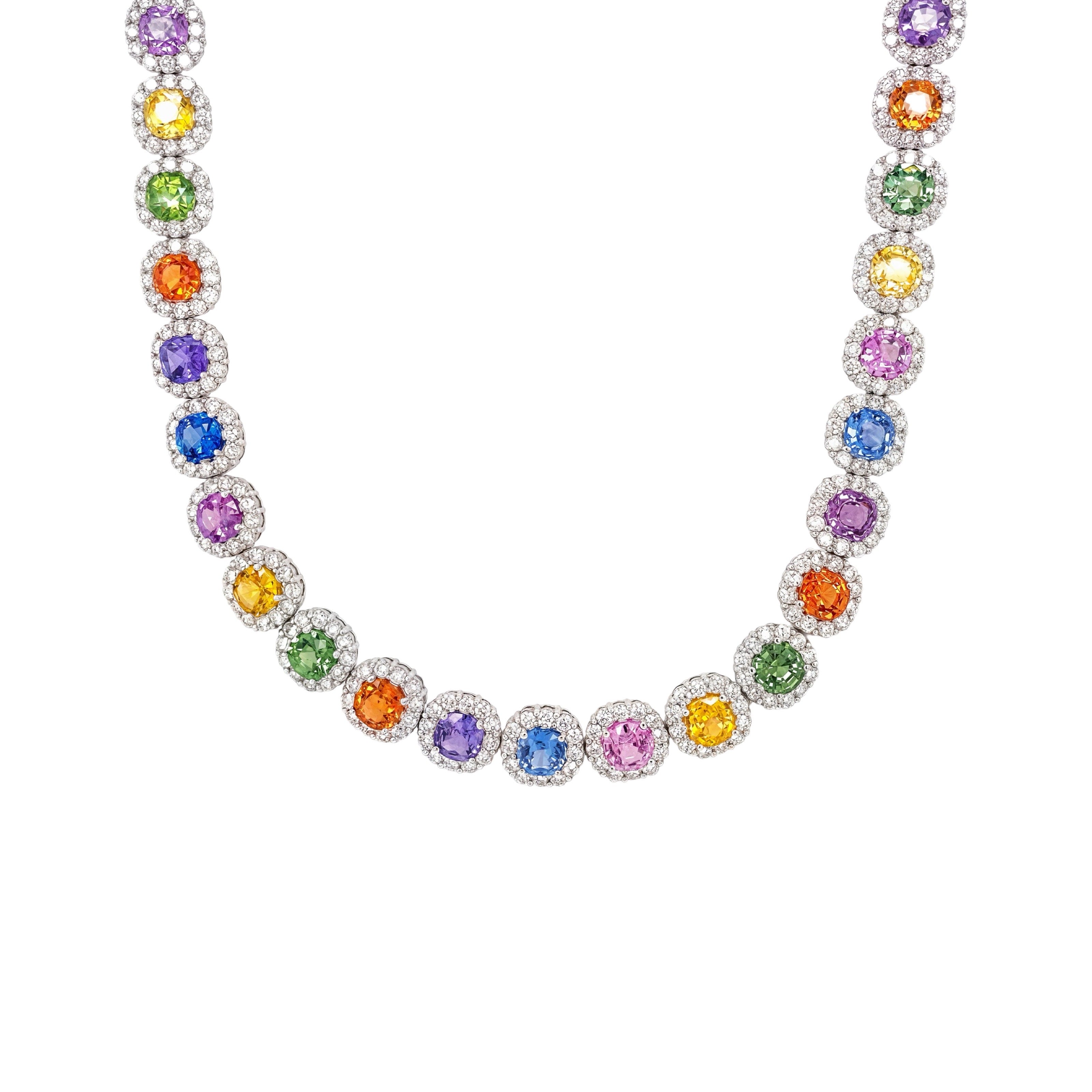 10K Gold Cluster Tennis Rainbow Gemstone Chain