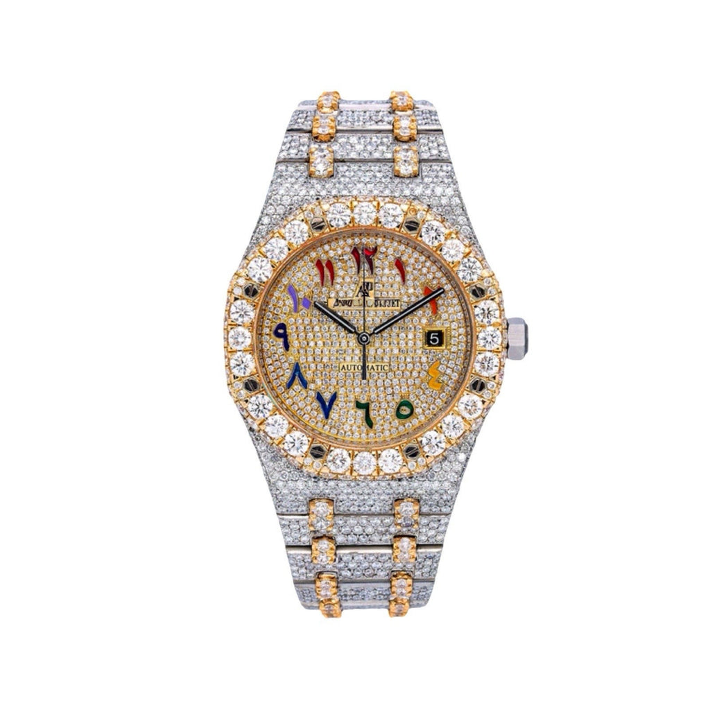 Two Tone Yellow Gold Arabic Numeral Moissanite Watch