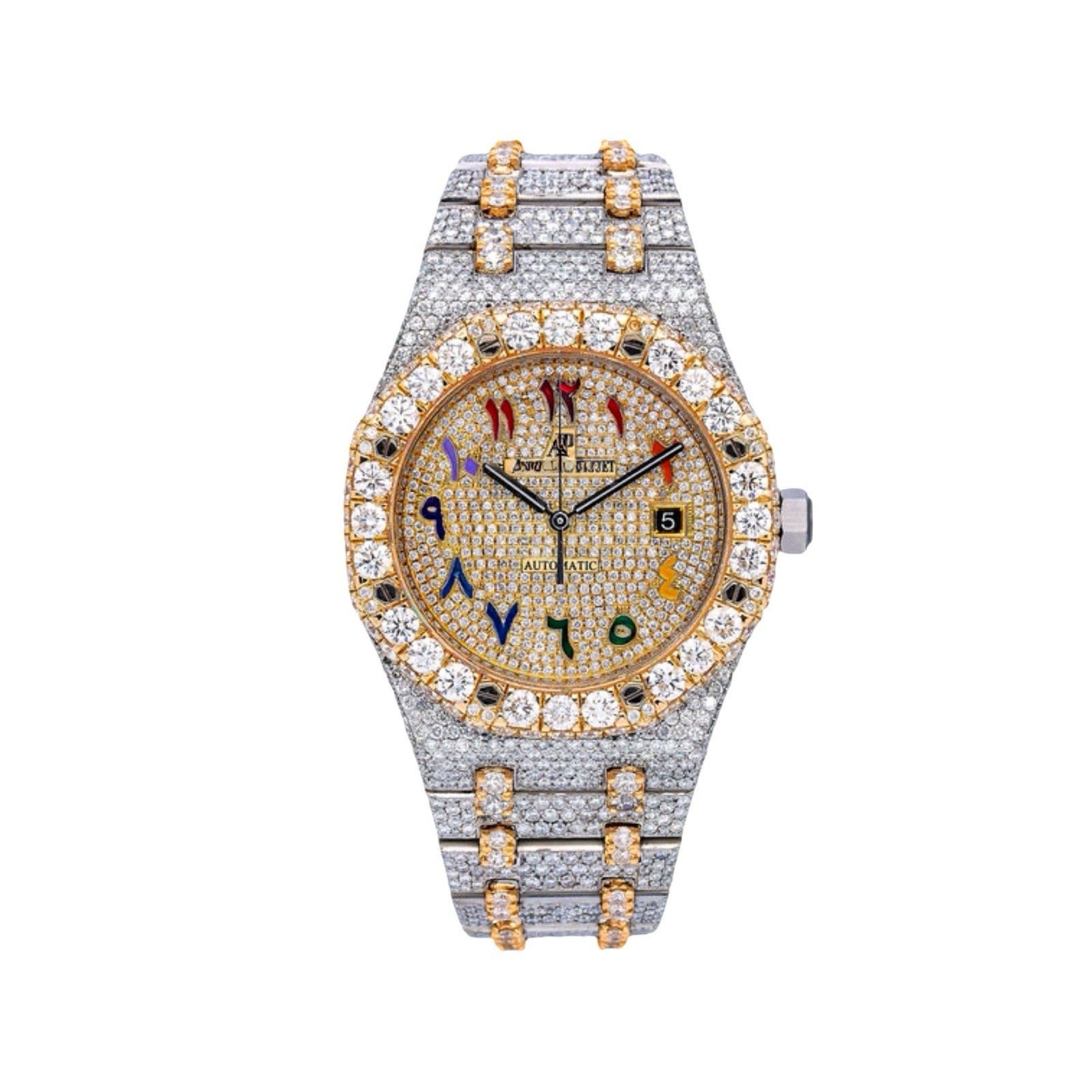 Two Tone Yellow Gold Arabic Numeral Moissanite Watch