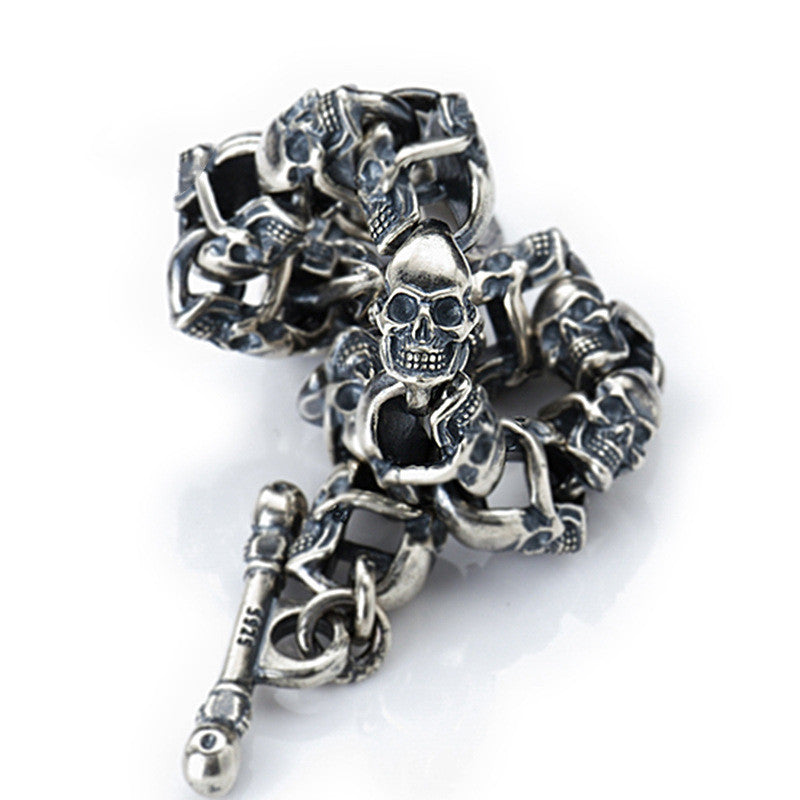 Double-sided Skull Bracelet Sterling Silver S925 Vintage  Silver Bracelet