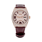 Rolex Brown Leather Strap Moissanite Watch