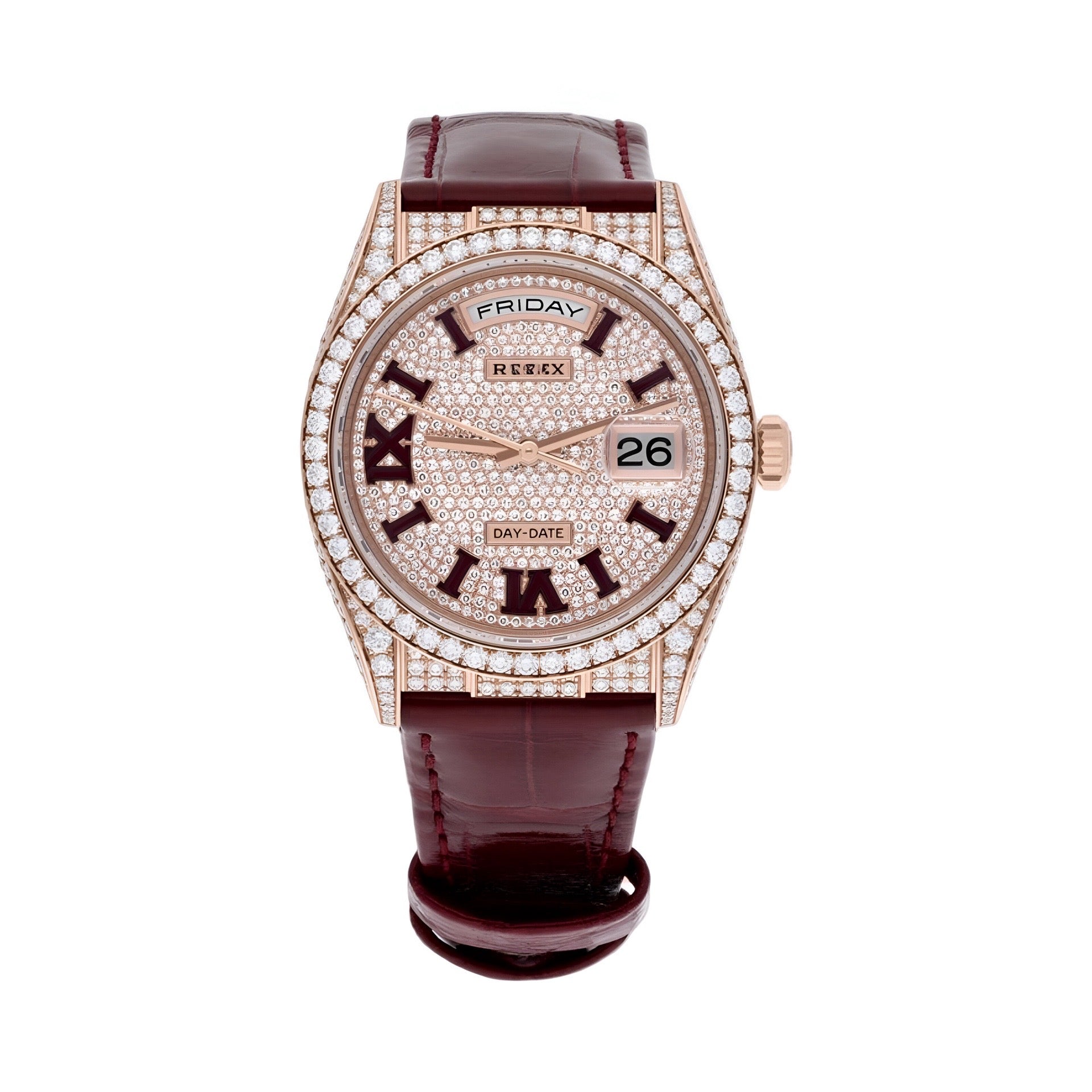 Rolex Brown Leather Strap Moissanite Watch