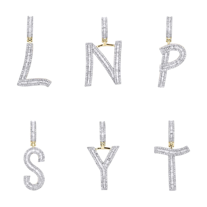 10K Gold Baguette Diamond Initial Letter Charm Pendant