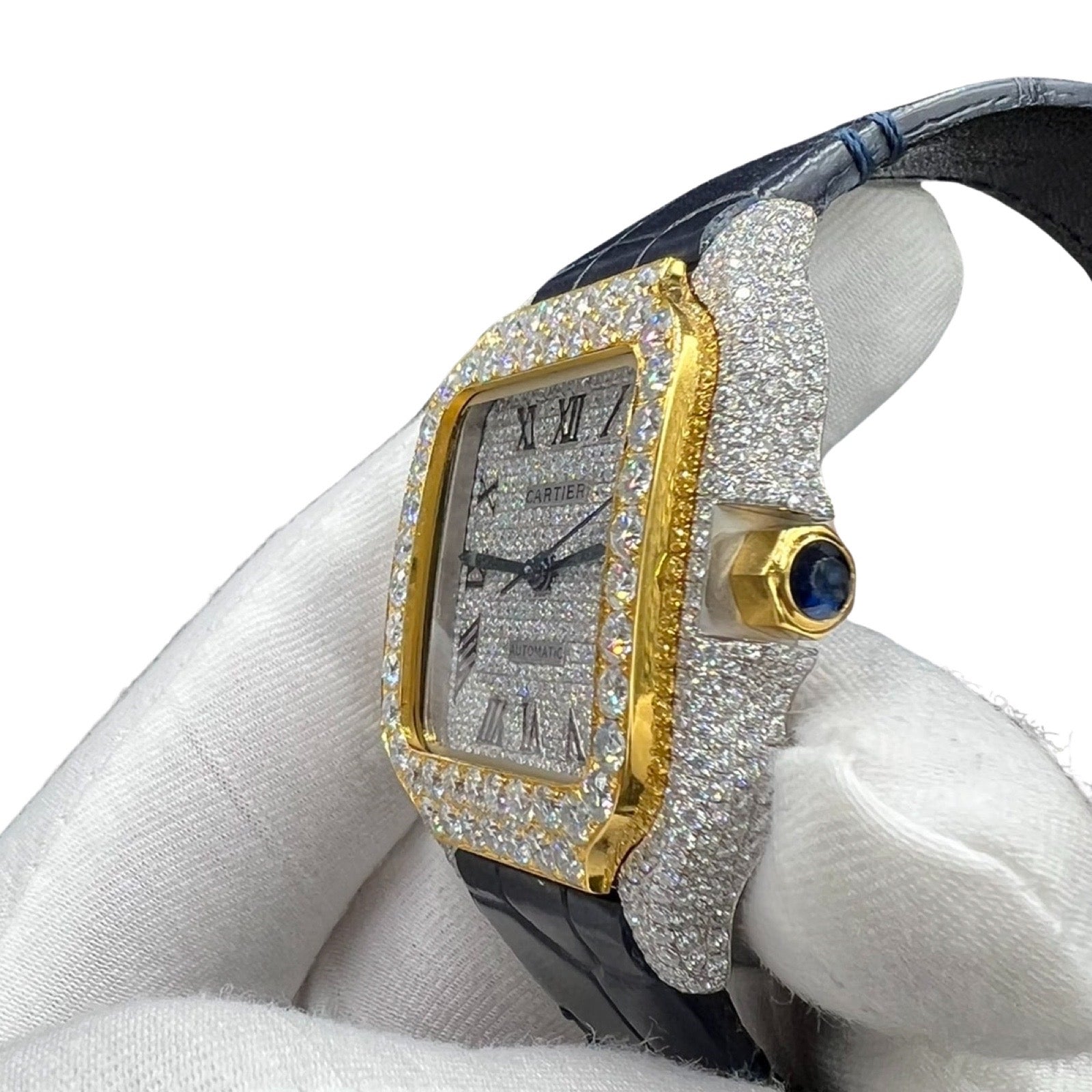 Two Tone Yellow Gold  Leather Strap Moissanite watch