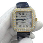 Two Tone Yellow Gold  Leather Strap Moissanite watch