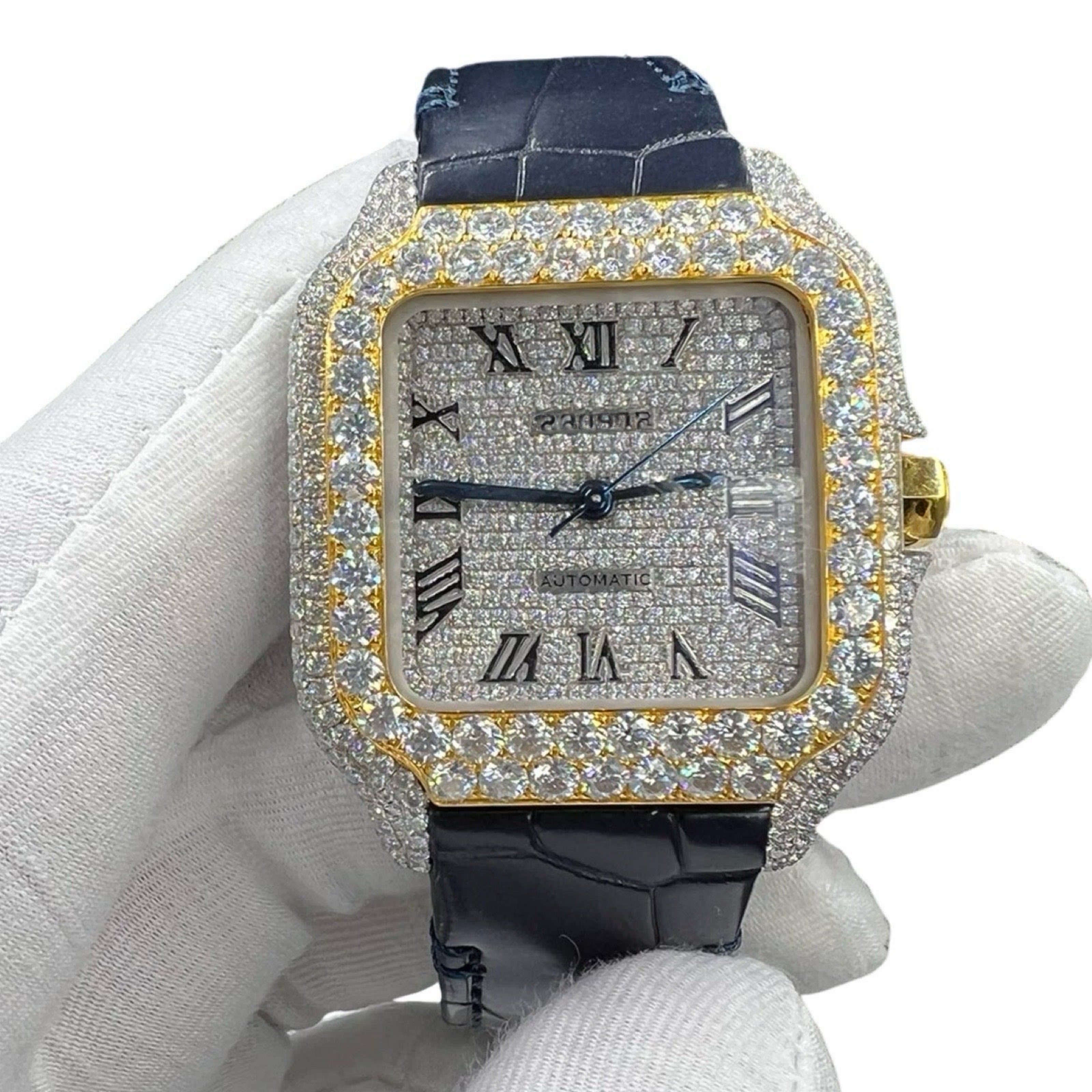 Two Tone Yellow Gold  Leather Strap Moissanite watch