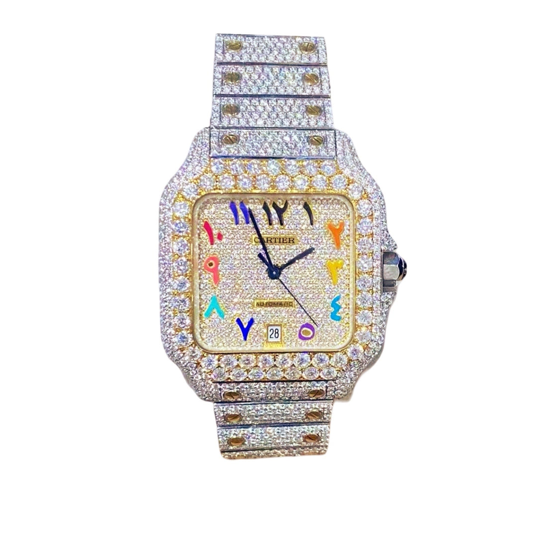 Cartier Santos Rainbow Arabic Numeral Moissanite Watch