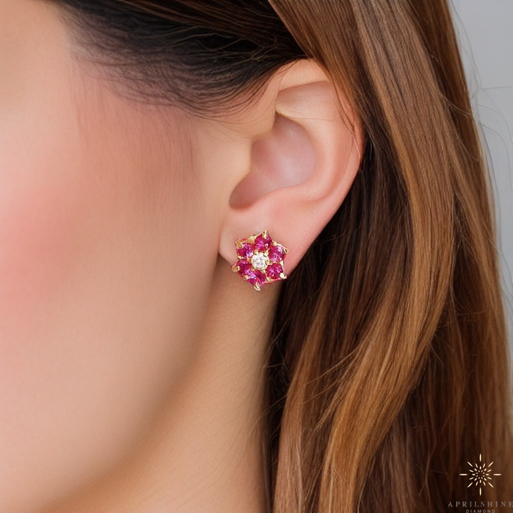 14K Cluster Ruby Earrings