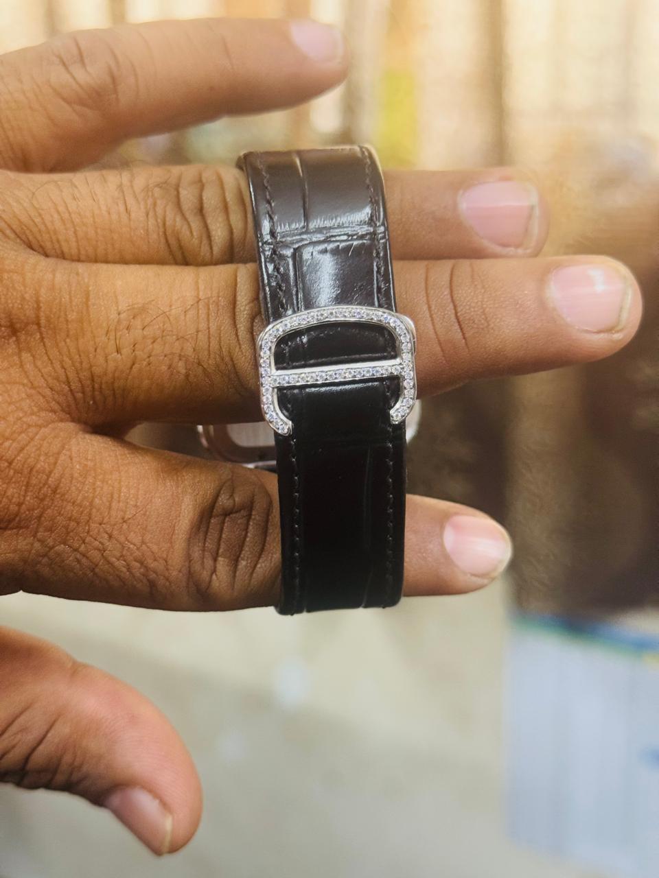 Cartier black leather strap Moissanite Watch