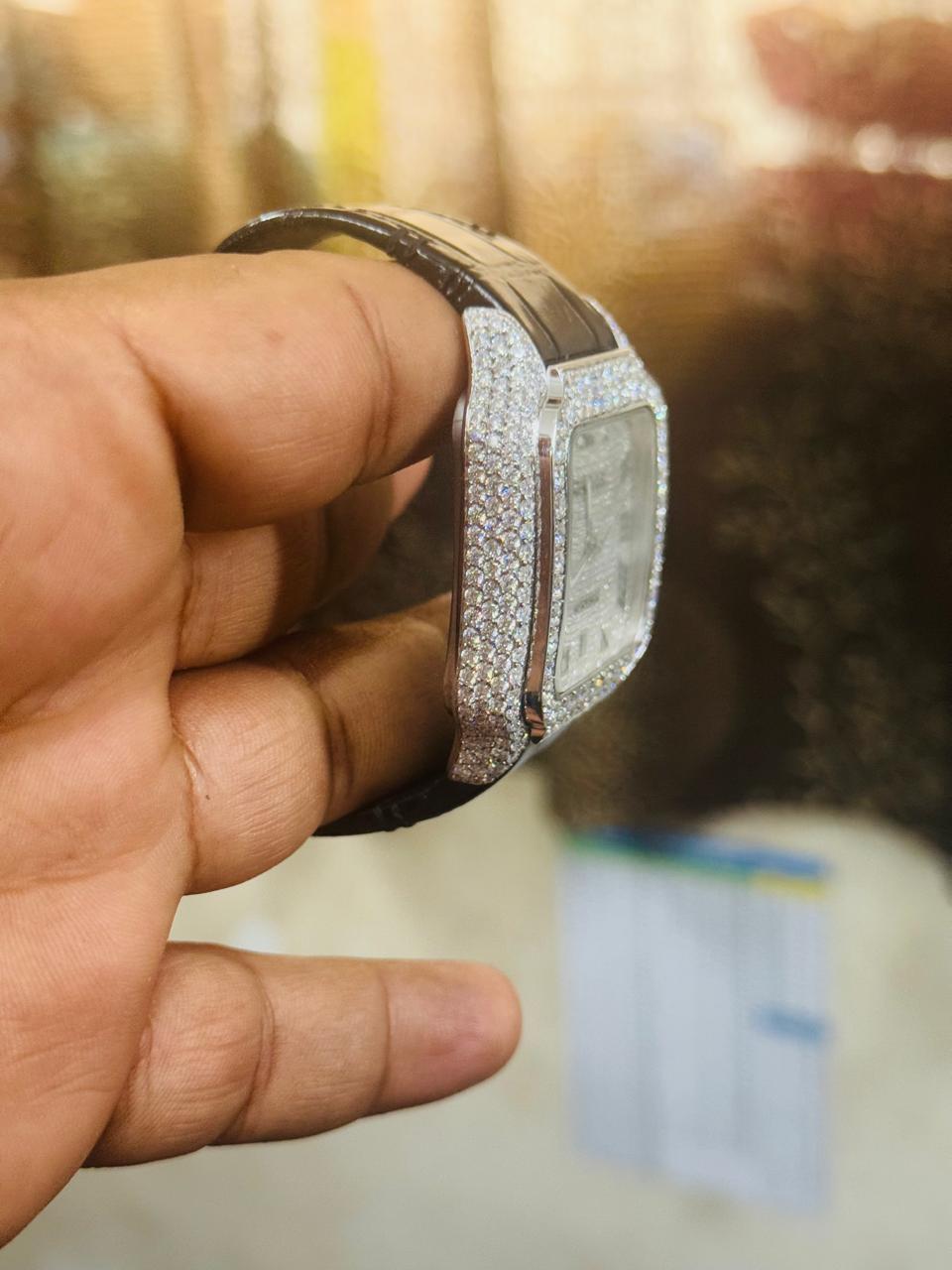 Cartier black leather strap Moissanite Watch