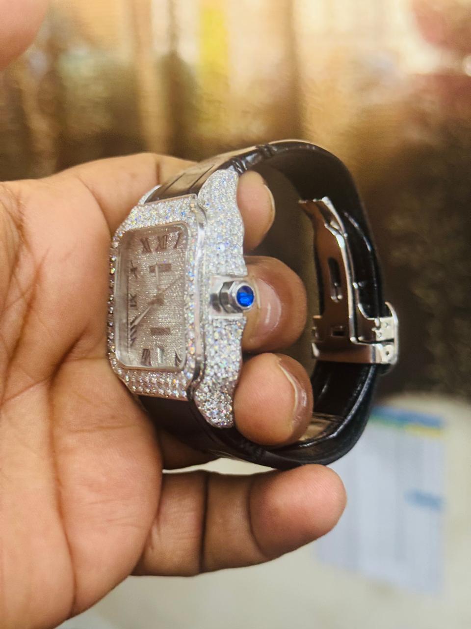 Cartier black leather strap Moissanite Watch