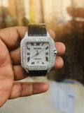 Cartier black leather strap Moissanite Watch