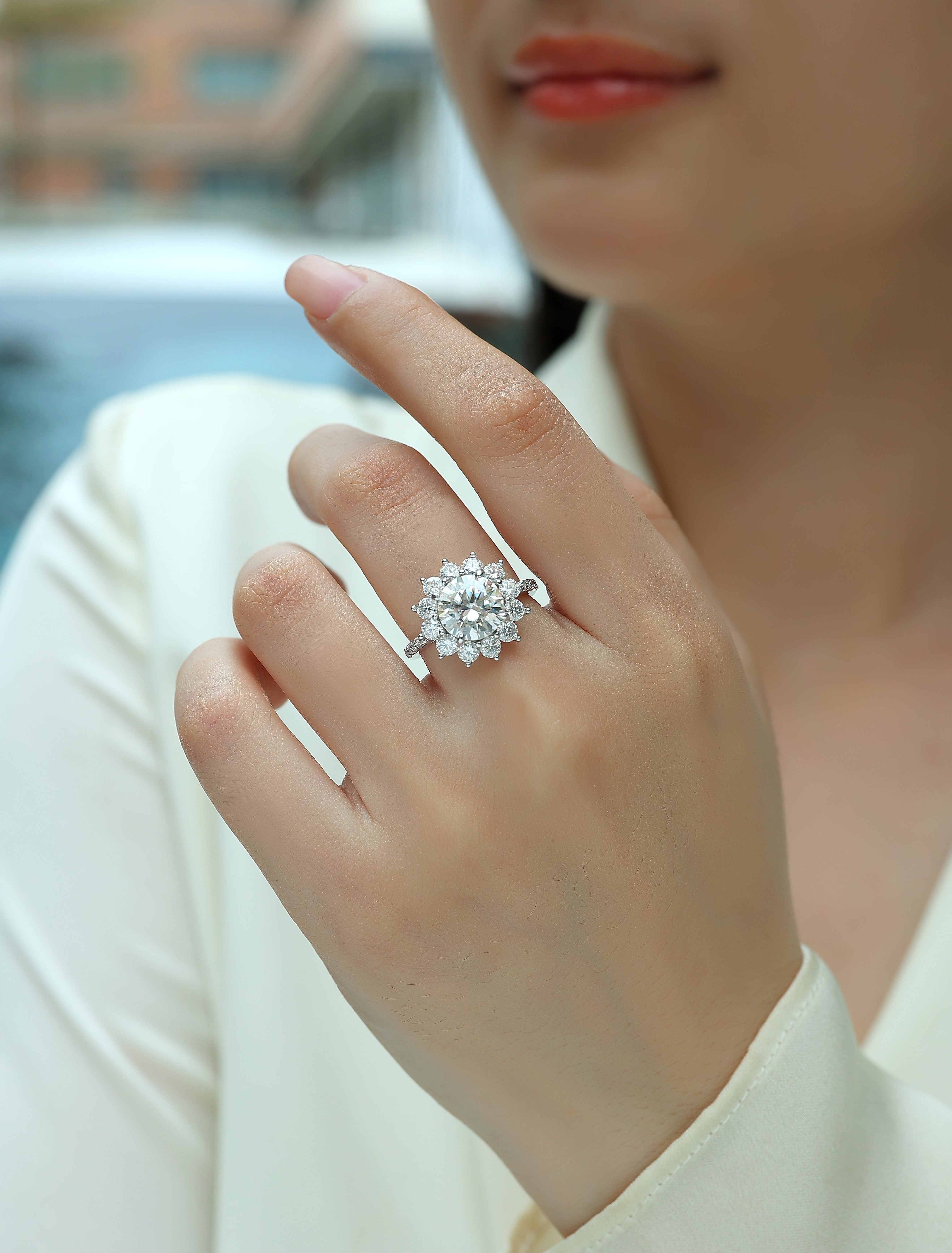 Sunflower Ring Set With 3-carat Moissanite S925 Sterling Silver And Platinum Plated