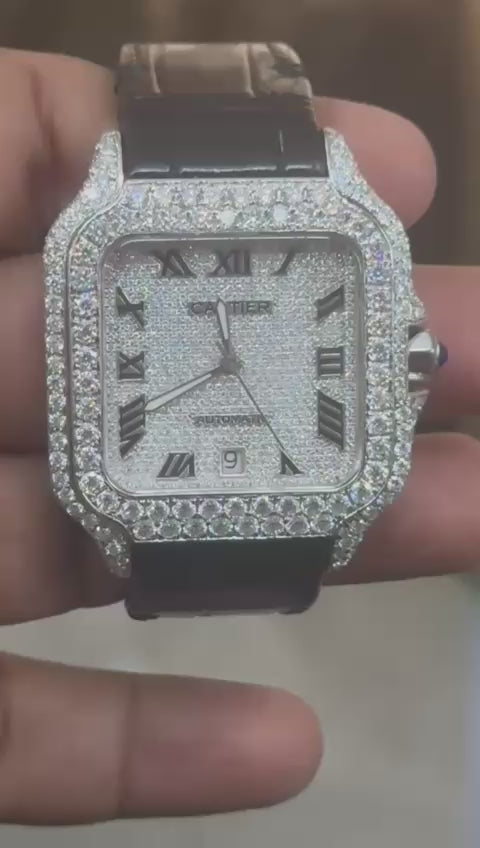 Cartier black leather strap Moissanite Watch